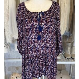 XXI Los Angeles Women's Size S Blue/Purple Floral Tie Neck Boho Blouse #0328